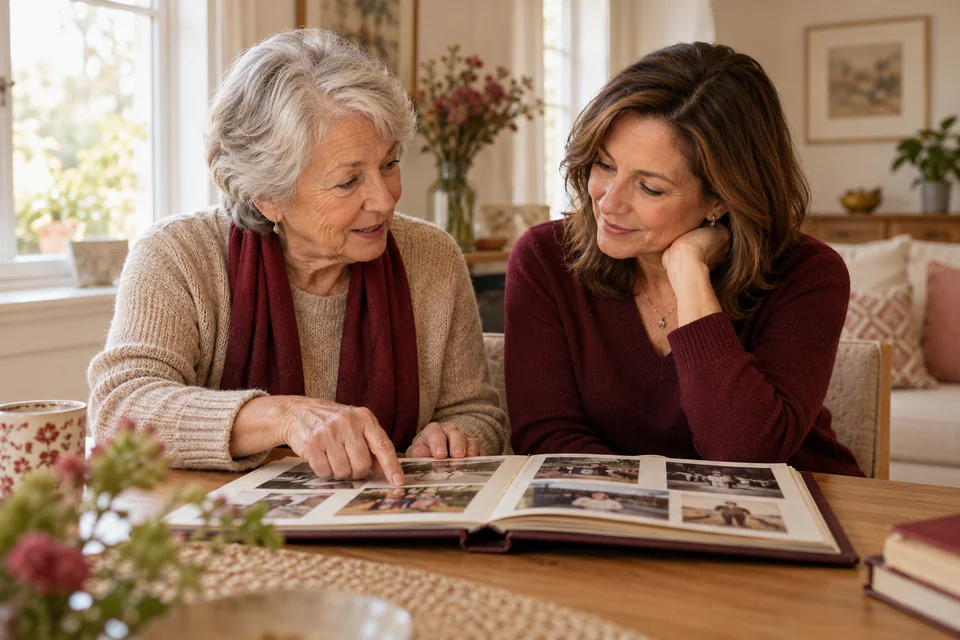 An older adult and family member sharing a photo album
