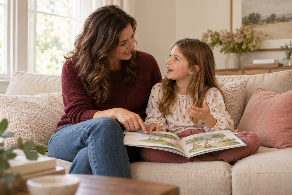 A parent and child sharing a picture book