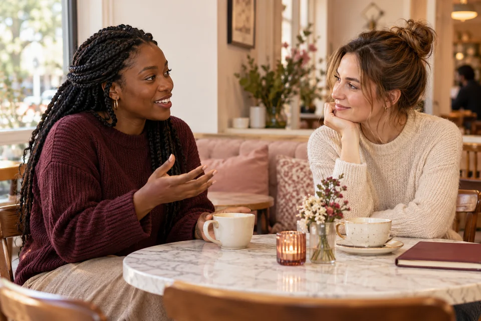 Illustrative scene of two adults in conversation